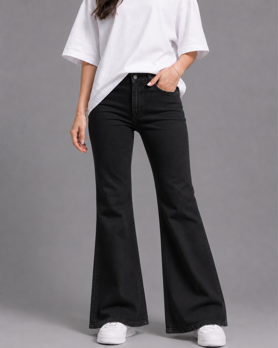 Caudra Pure Black High-Waisted Flare Jeans