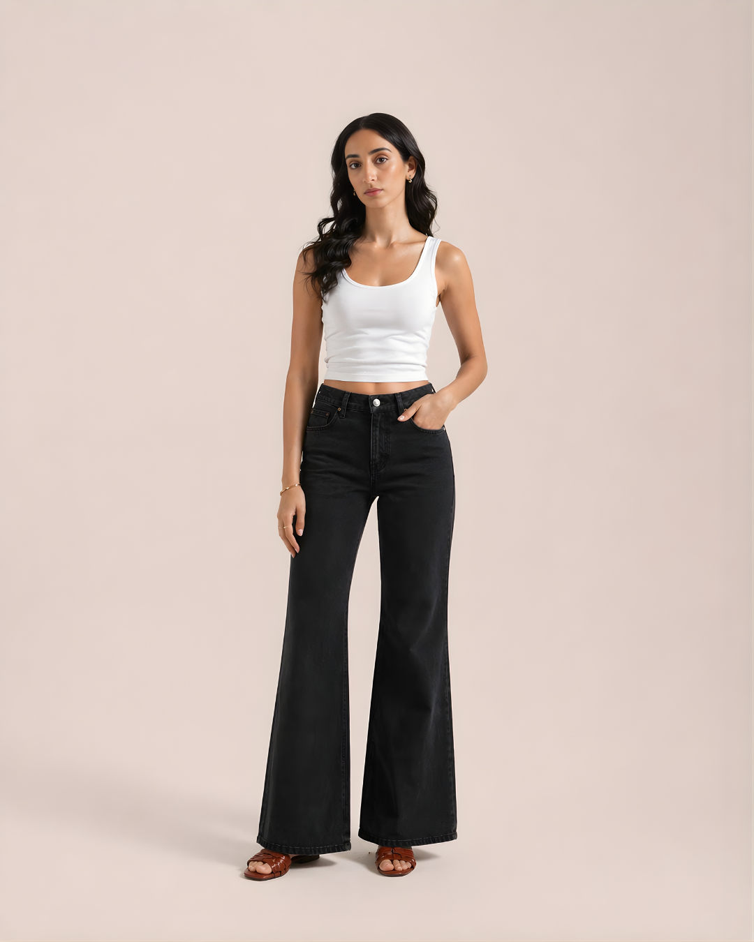 Caudra Pure Black High-Waisted Flare Jeans