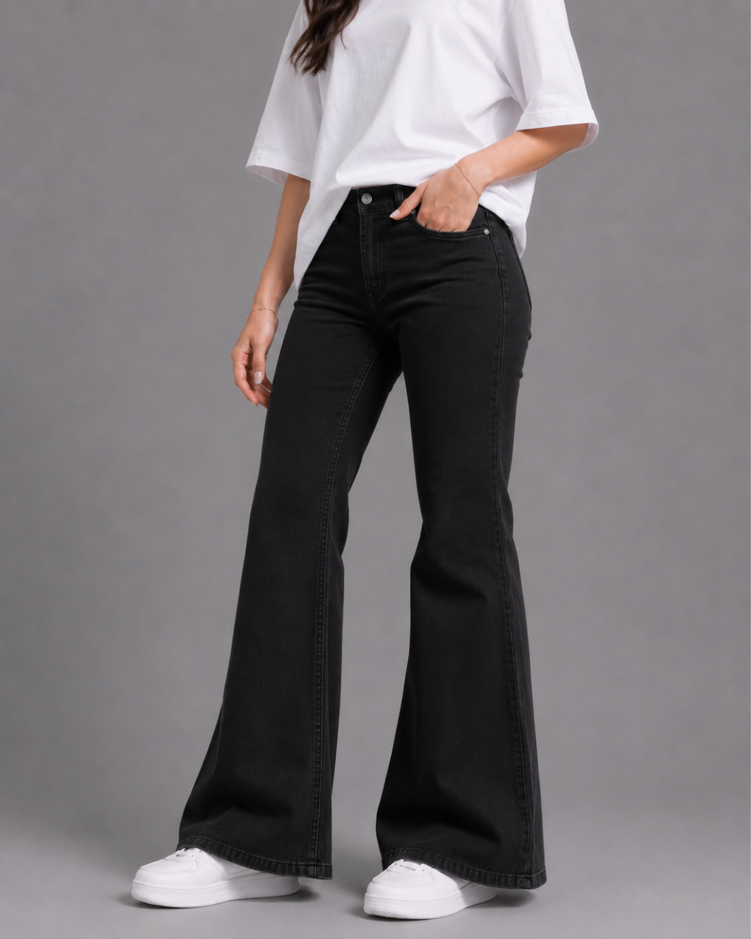 Caudra Pure Black High-Waisted Flare Jeans