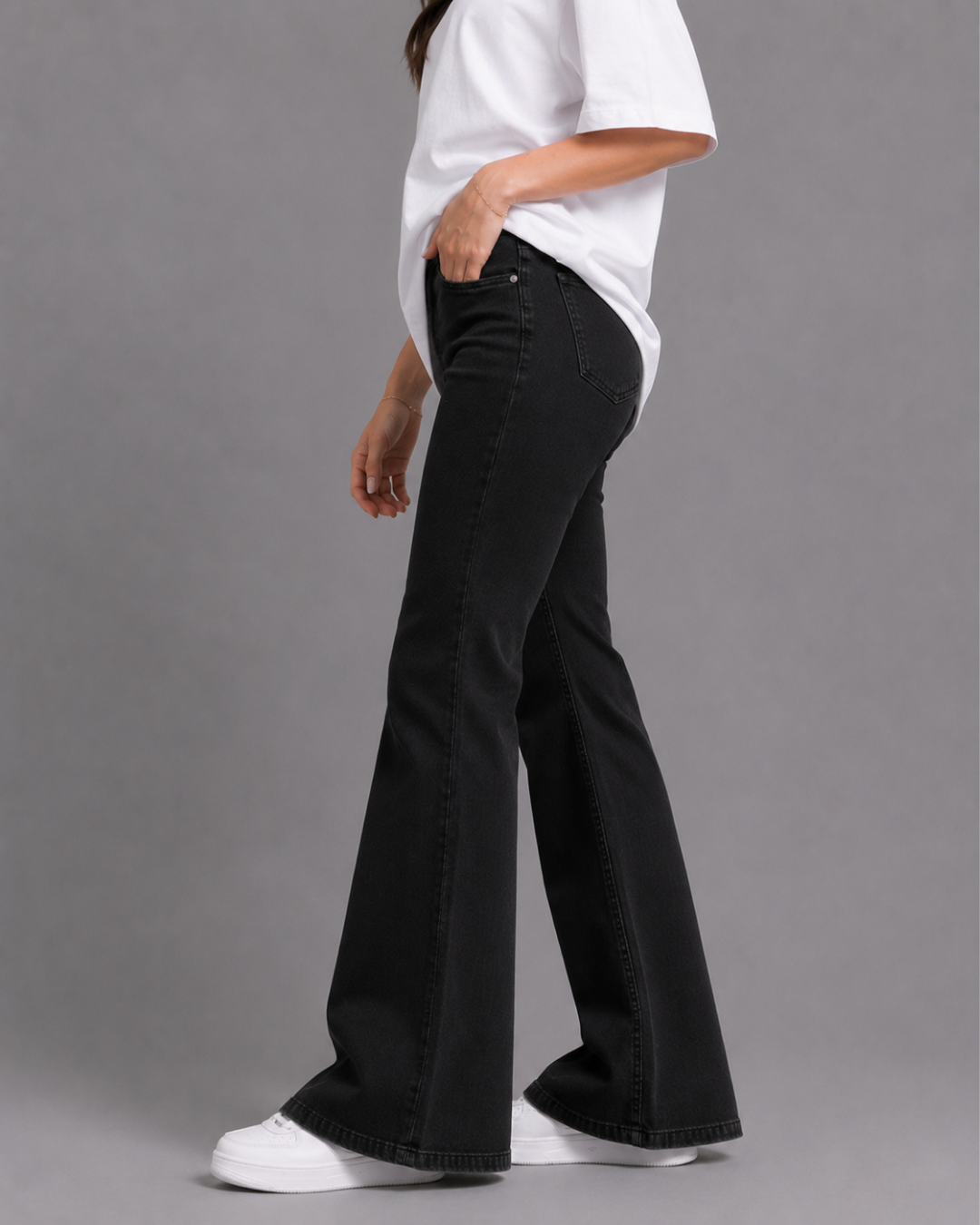 Caudra Pure Black High-Waisted Flare Jeans