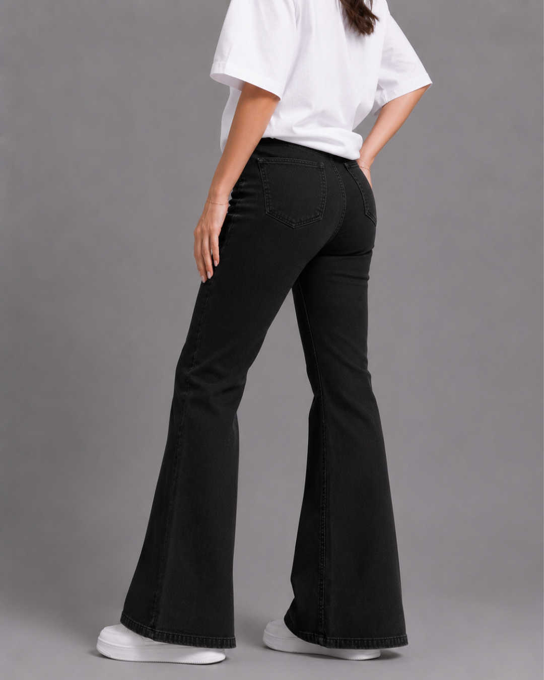 Caudra Pure Black High-Waisted Flare Jeans