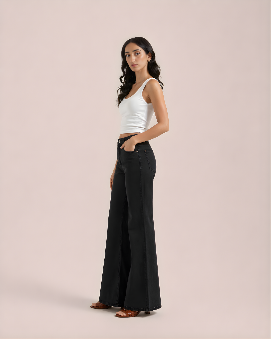 Caudra Pure Black High-Waisted Flare Jeans