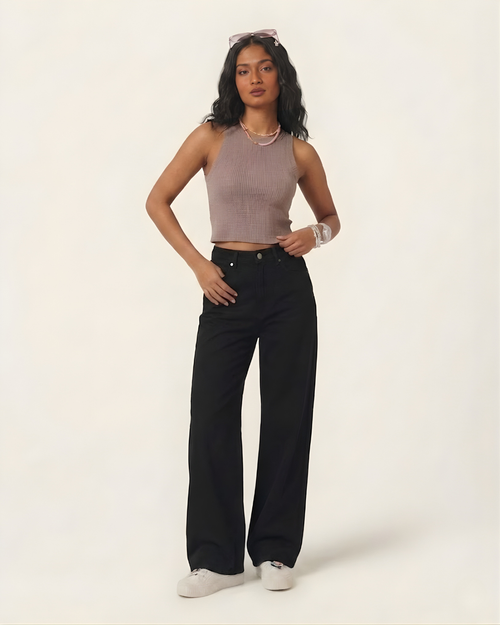 Caudra Black High-Waist Wide-Leg Jeans.