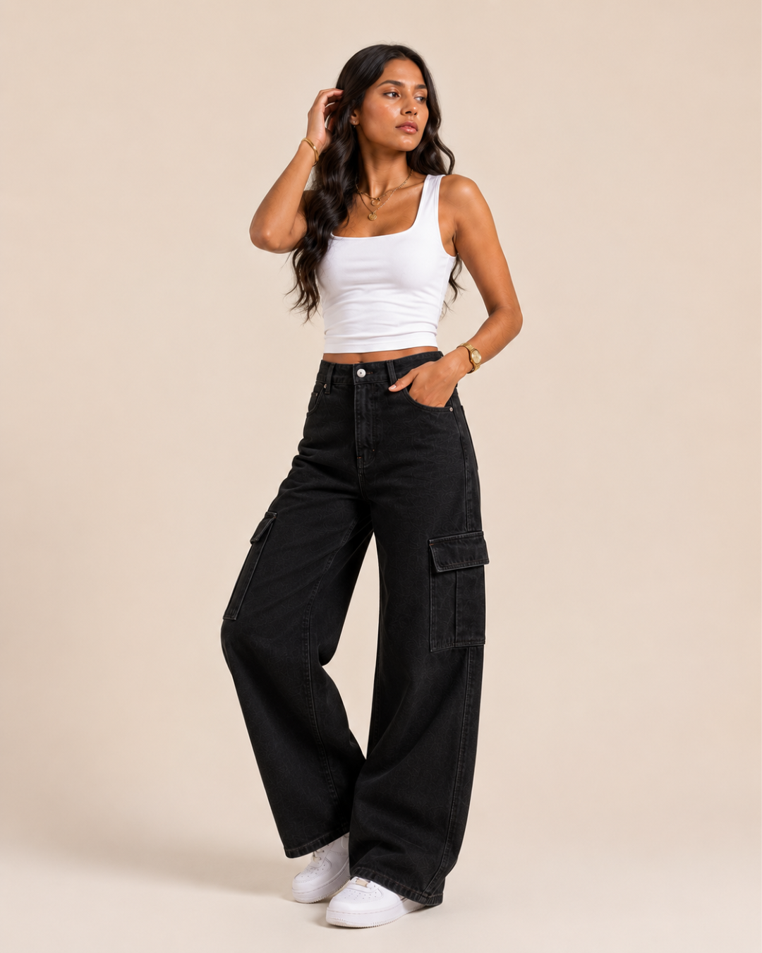 Caudra Black Cargo Wide-leg Jeans.