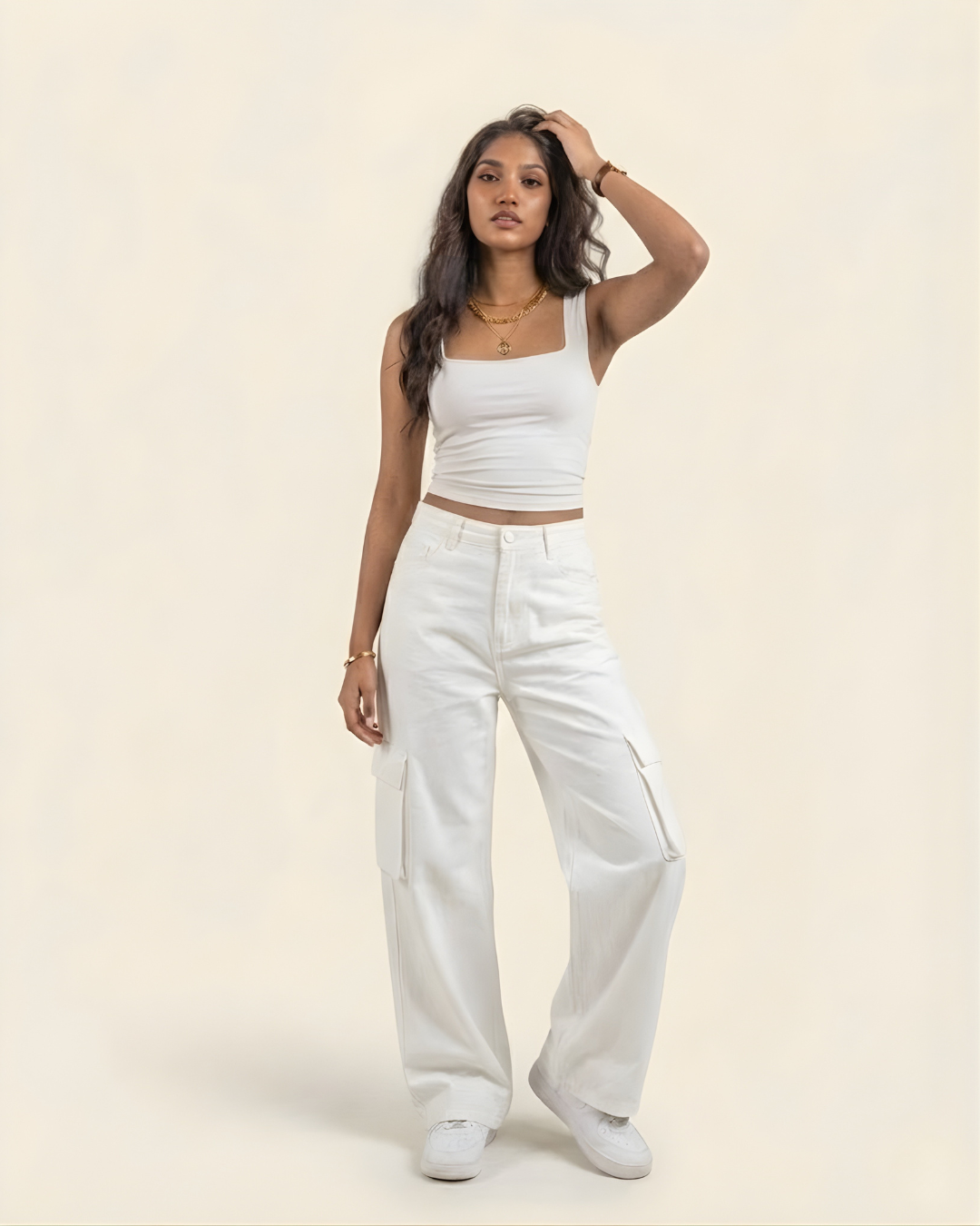 Caudra White Cargo Wideleg Jeans.