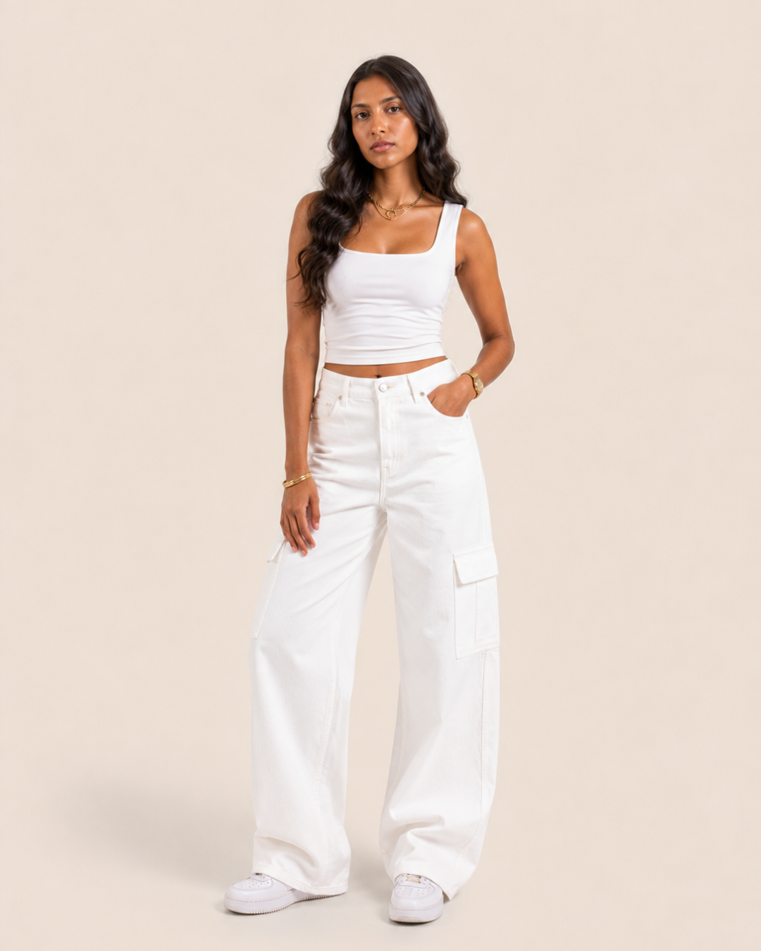 Caudra White Cargo Wideleg Jeans.
