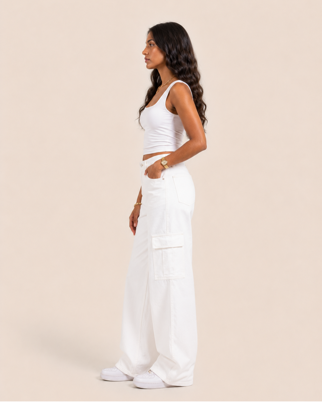 Caudra White Cargo Wideleg Jeans.