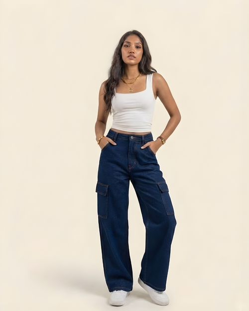 Caudra Dark Blue Cargo Wide-leg Jeans.