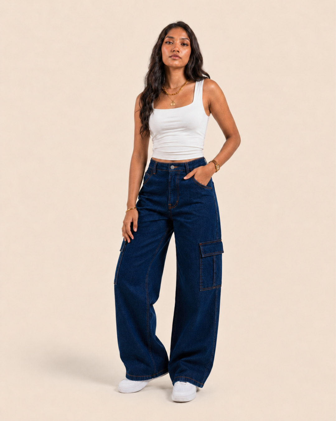 Caudra Dark Blue Cargo Wide-leg Jeans.