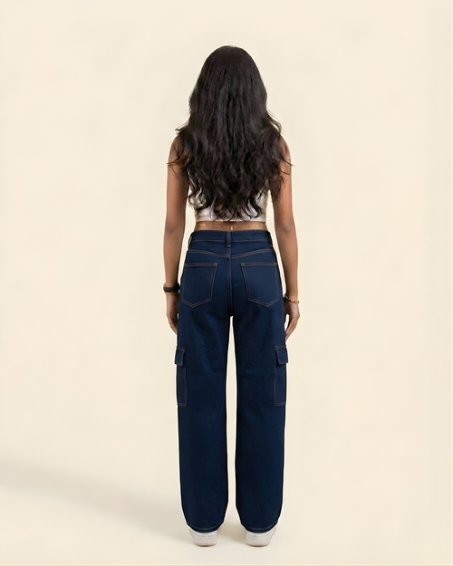 Caudra Dark Blue Cargo Wide-leg Jeans.