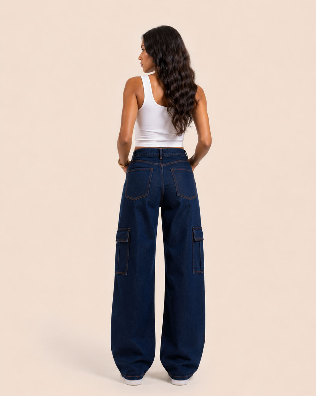 Caudra Dark Blue Cargo Wide-leg Jeans.