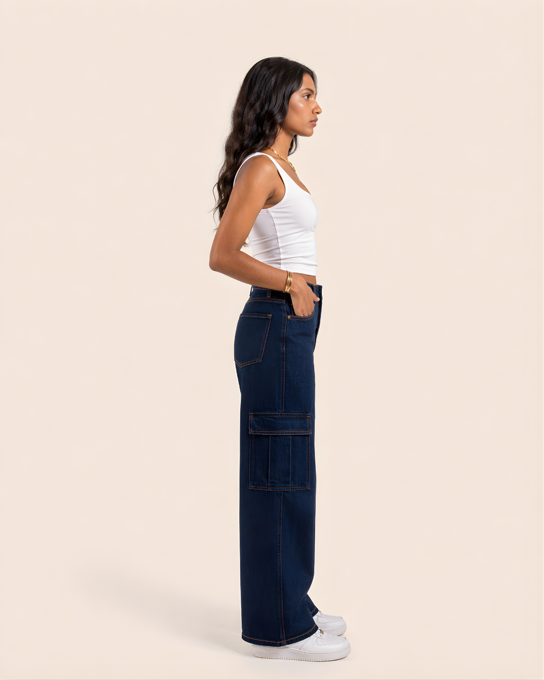 Caudra Dark Blue Cargo Wide-leg Jeans.