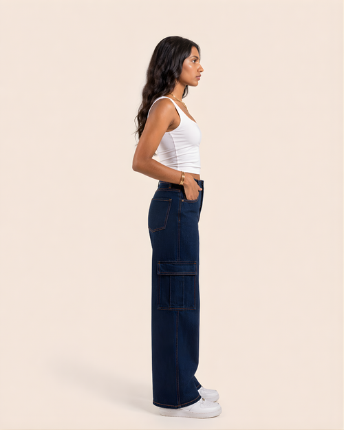 Caudra Dark Blue Cargo Wide-leg Jeans.
