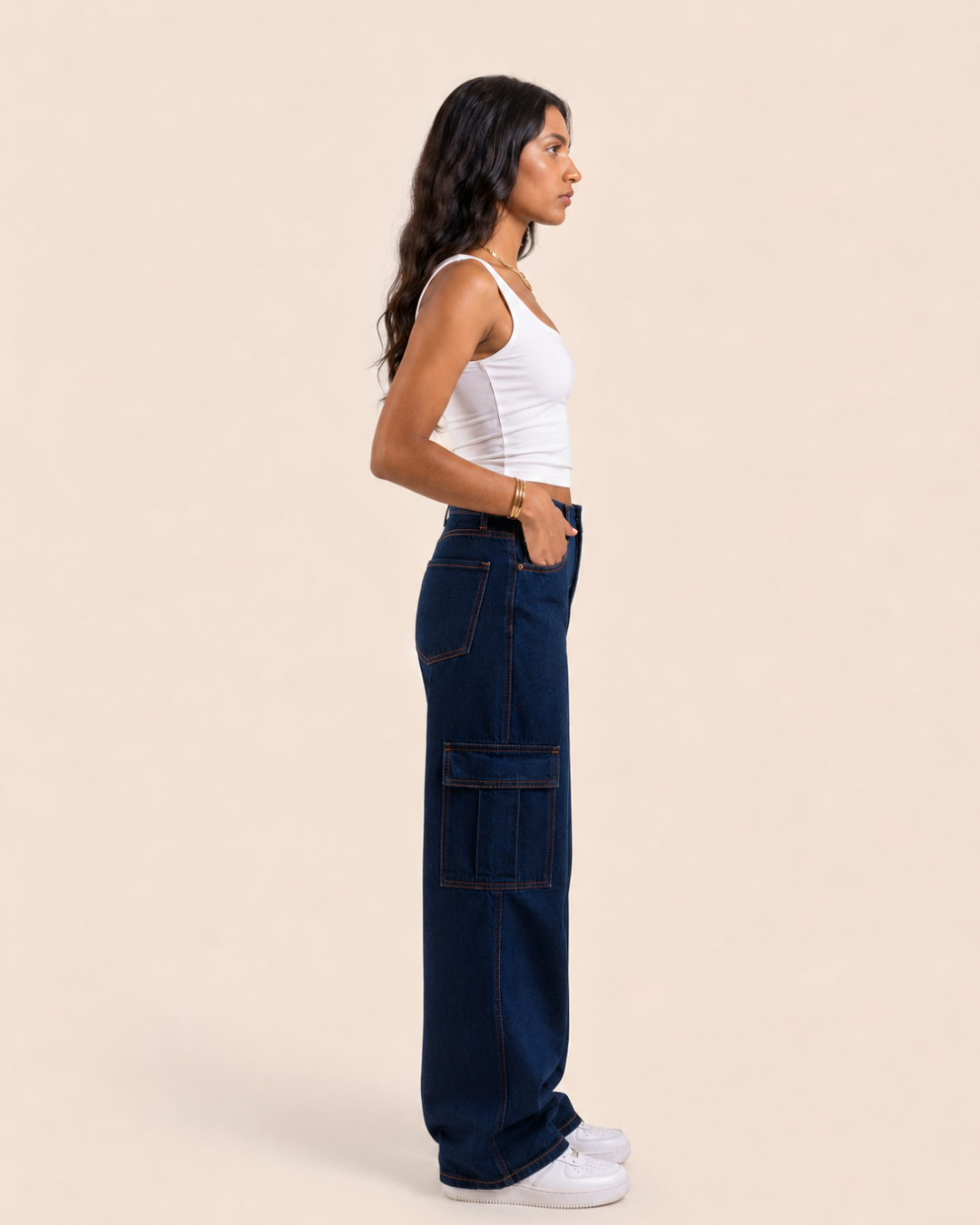 Caudra Dark Blue Cargo Wide-leg Jeans.