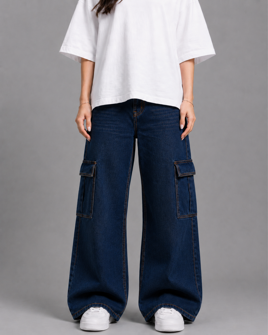 Caudra Dark Blue Cargo Wide-leg Jeans.