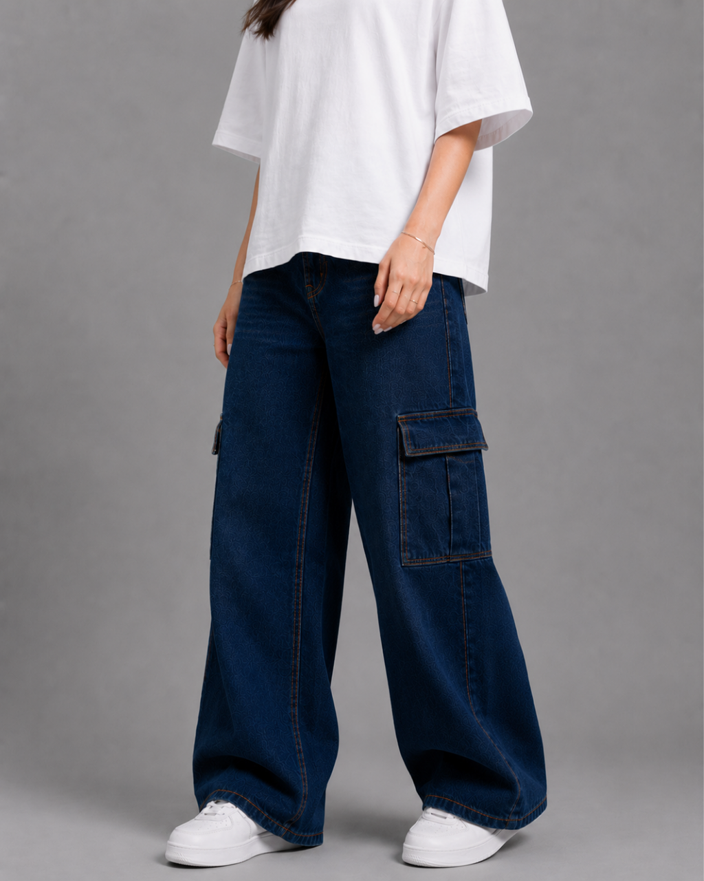 Caudra Dark Blue Cargo Wide-leg Jeans.