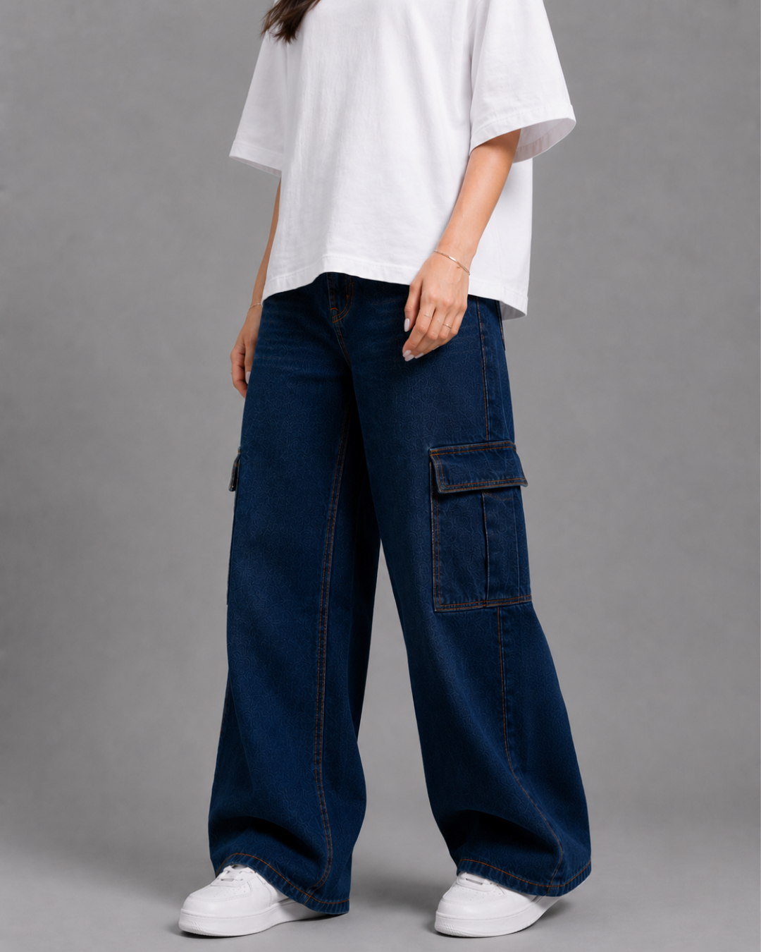 Caudra Dark Blue Cargo Wide-leg Jeans.