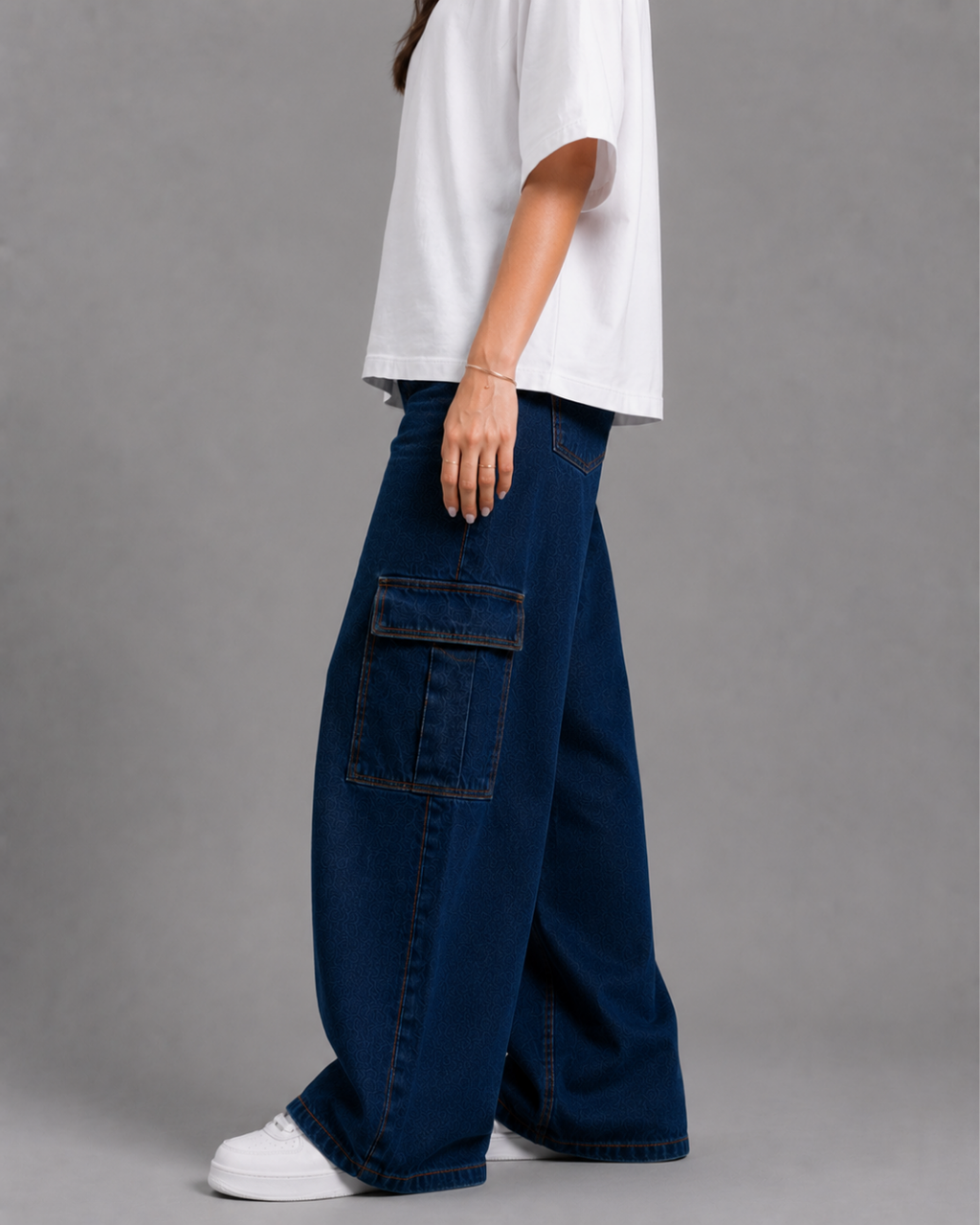 Caudra Dark Blue Cargo Wide-leg Jeans.