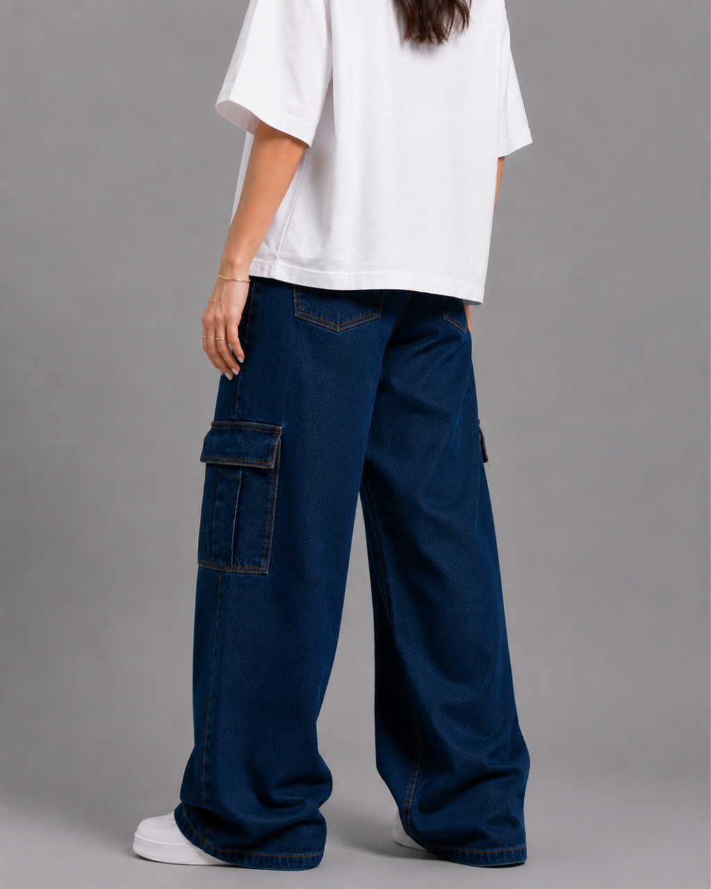 Caudra Dark Blue Cargo Wide-leg Jeans.