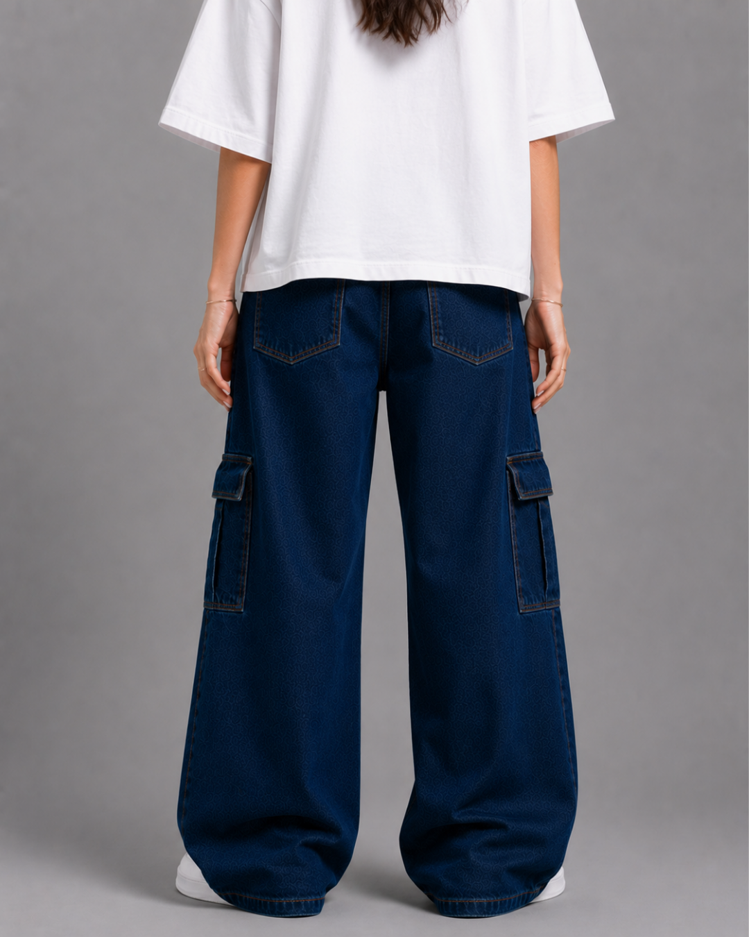 Caudra Dark Blue Cargo Wide-leg Jeans.