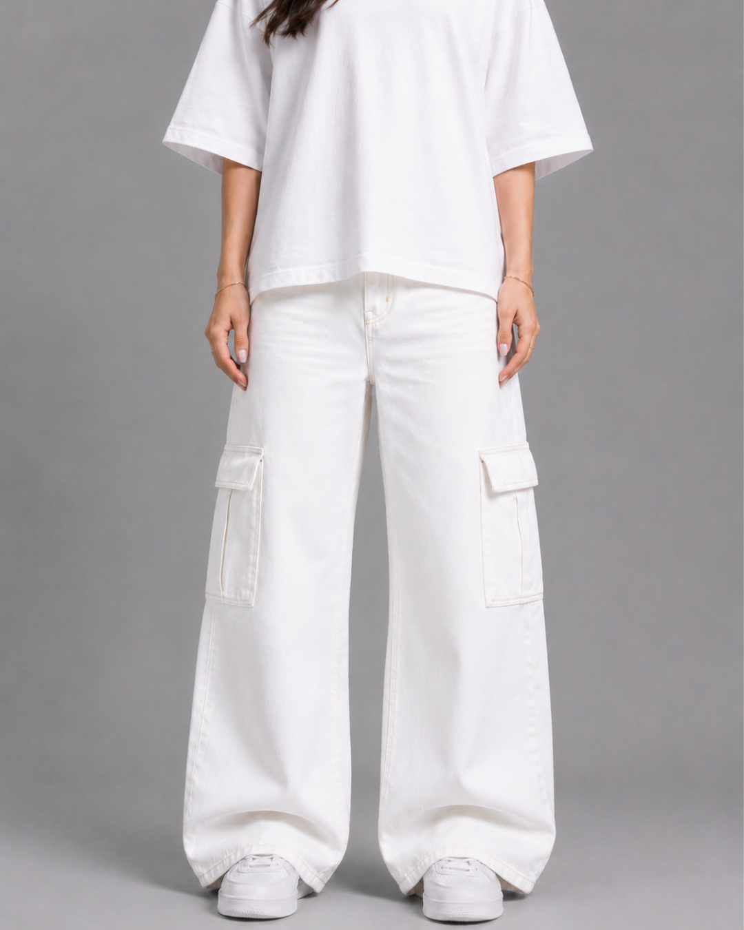 Caudra White Cargo Wideleg Jeans.