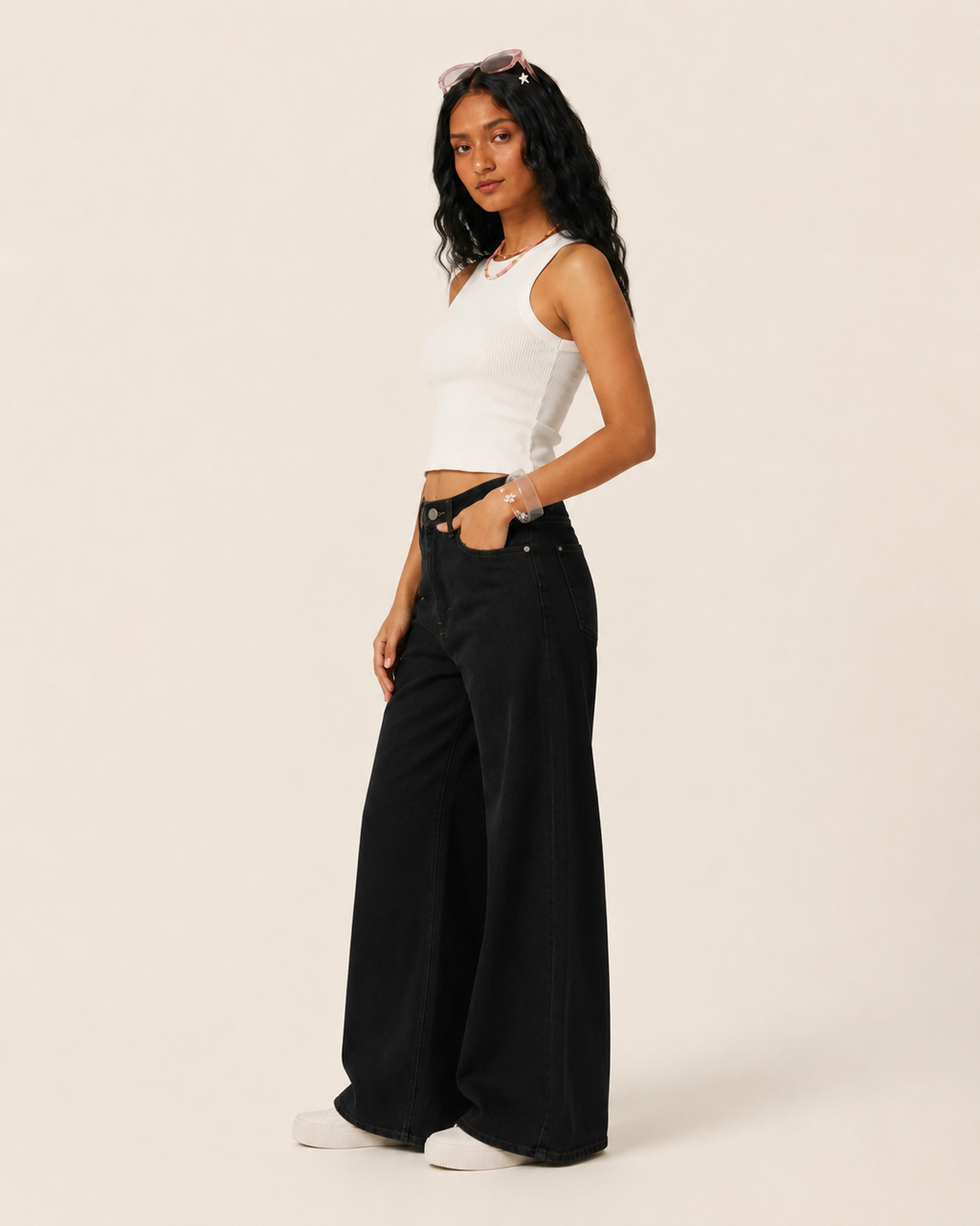 Caudra Black High-Waist Wide-Leg Jeans.