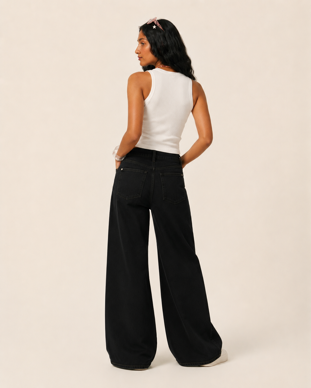 Caudra Black High-Waist Wide-Leg Jeans.