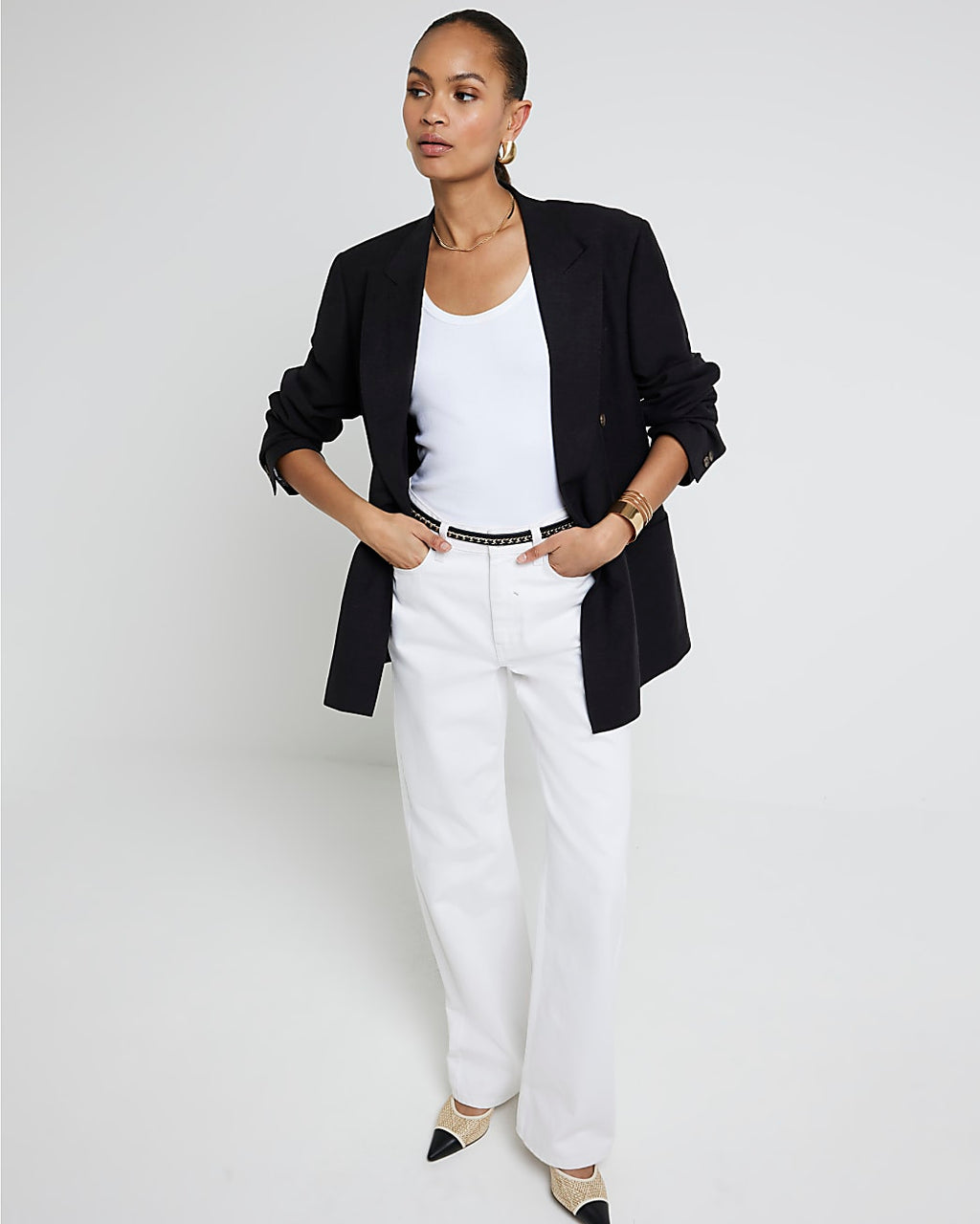 Caudra White High-Waist Loose Straight Jeans.