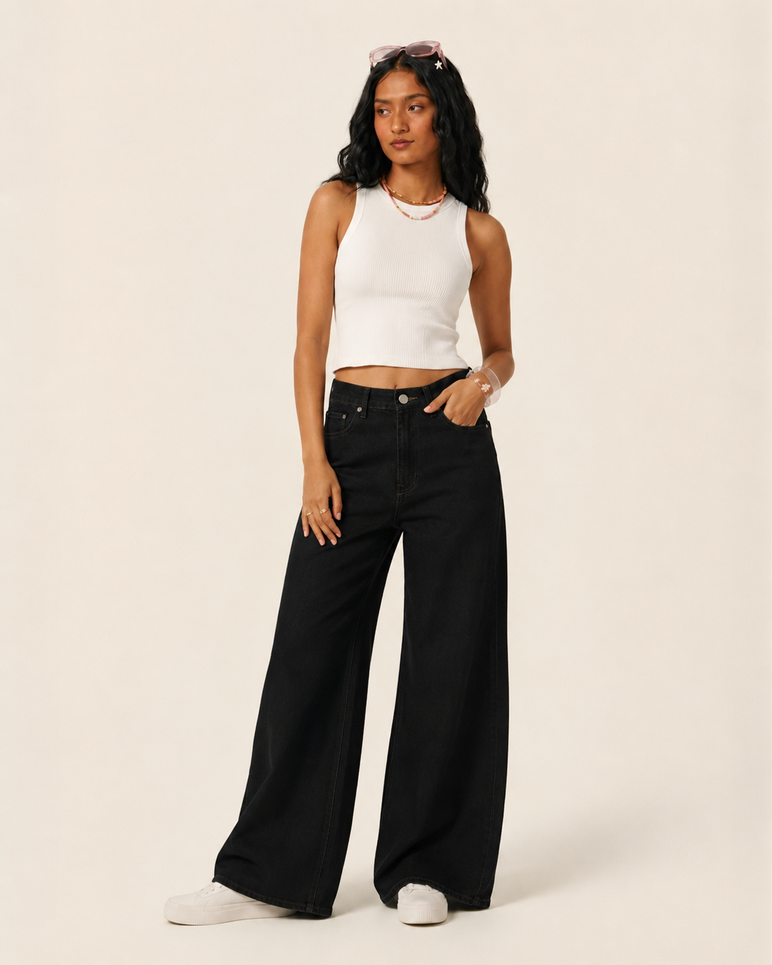 Caudra Black High-Waist Wide-Leg Jeans.
