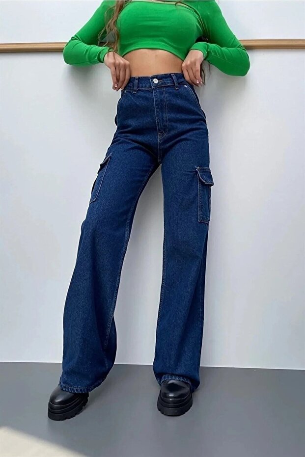 Caudra Dark Blue Cargo Wide-leg Jeans.