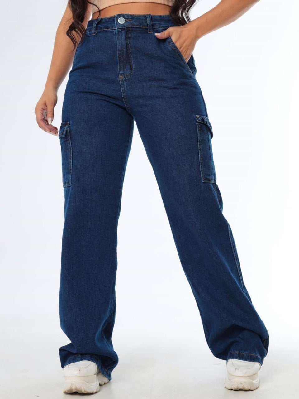 Caudra Dark Blue Cargo Wide-leg Jeans.
