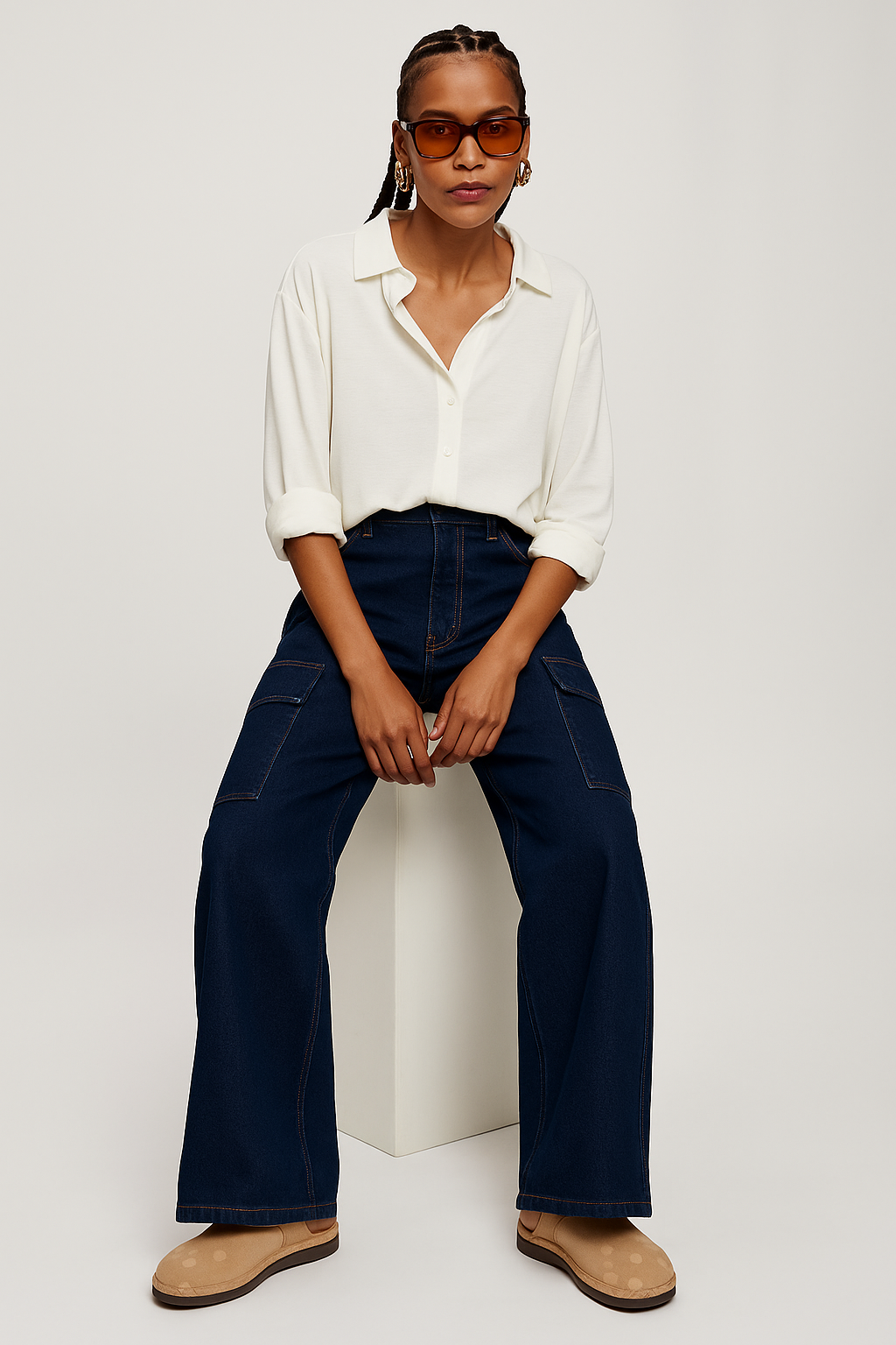 Caudra Dark Blue Cargo Wide-leg Jeans.