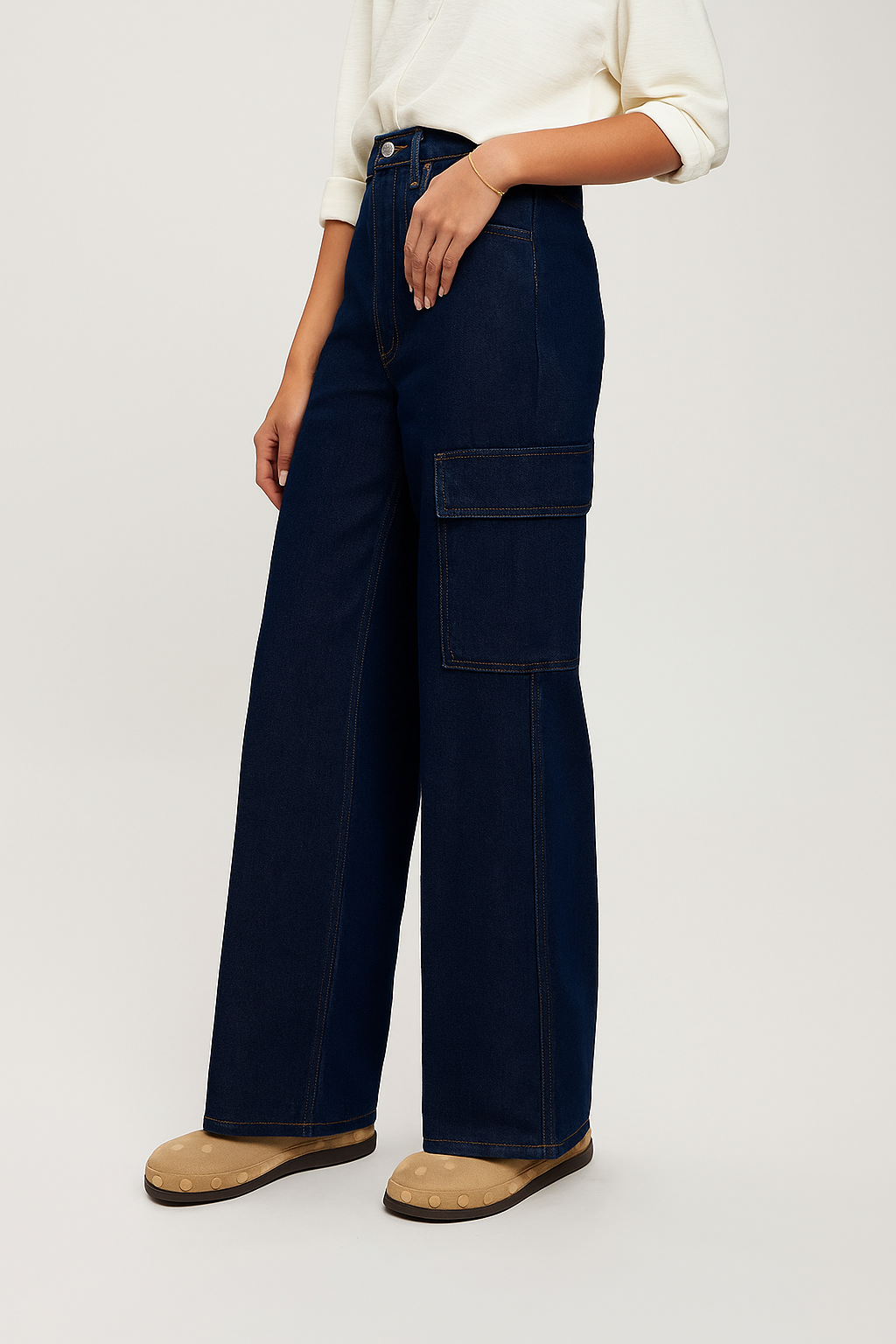 Caudra Dark Blue Cargo Wide-leg Jeans.